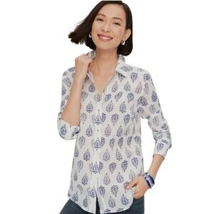 Talbots Petite White Blue Paisley Print Button Down Shirt Top LP